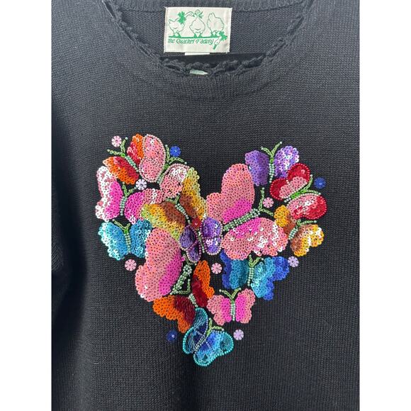 Vintage Quacker Factory Womens L Sweater Embellished Sequins Heart Butterfly A8 - Picture 2 of 6